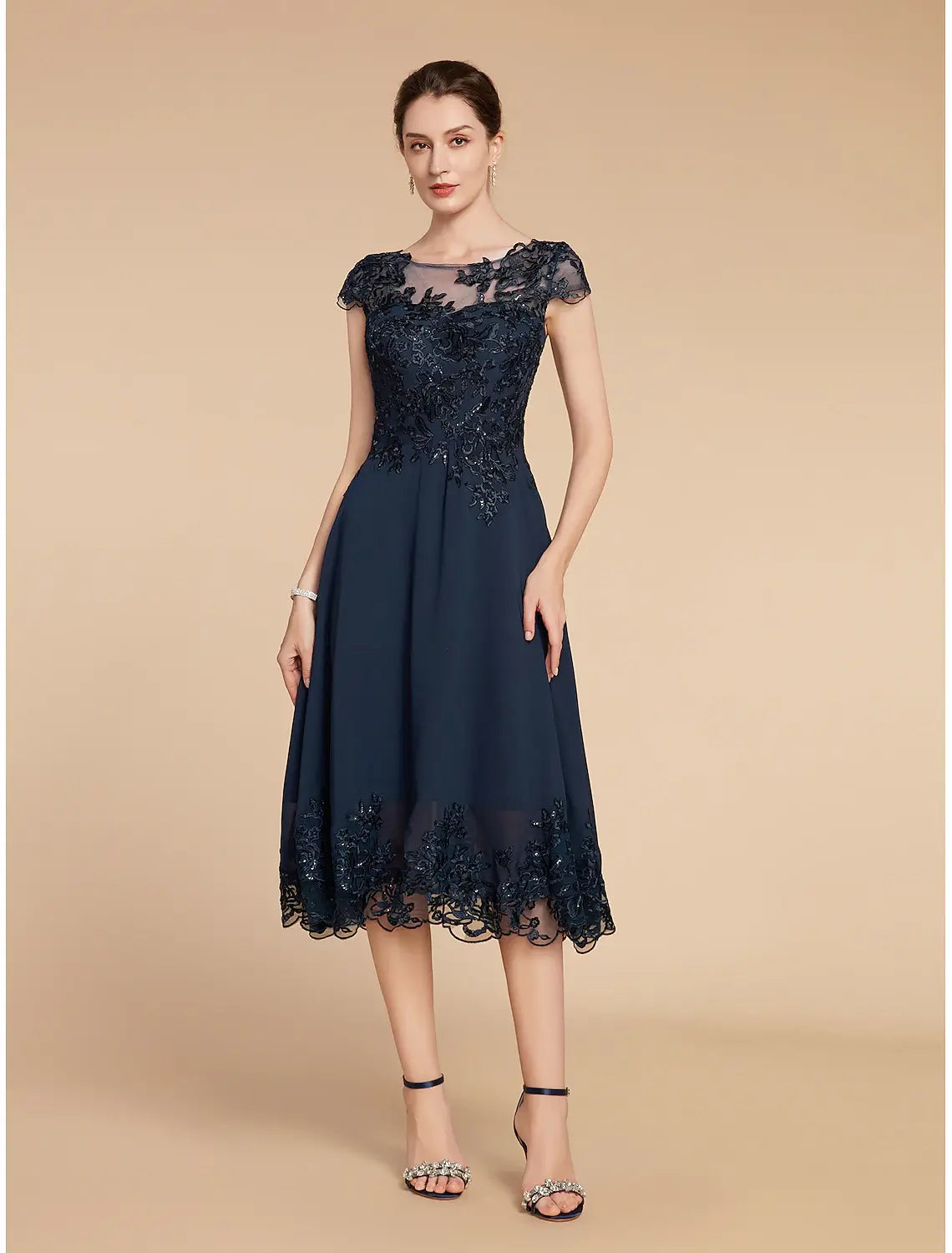 A-Line Mother of the Bride Dress Formal Wedding Guest Elegant Vintage Scoop Neck Tea Length Lace 3/4 Length Sleeve with Sequin Appliques