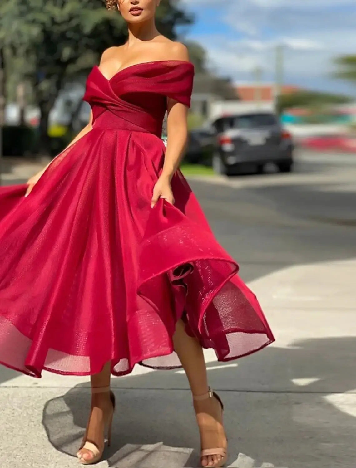 Beach Wedding A-Line Cocktail Dresses Vintage Dress Wedding Guest Tea Length Sleeveless Off Shoulder Tulle with Pleats
