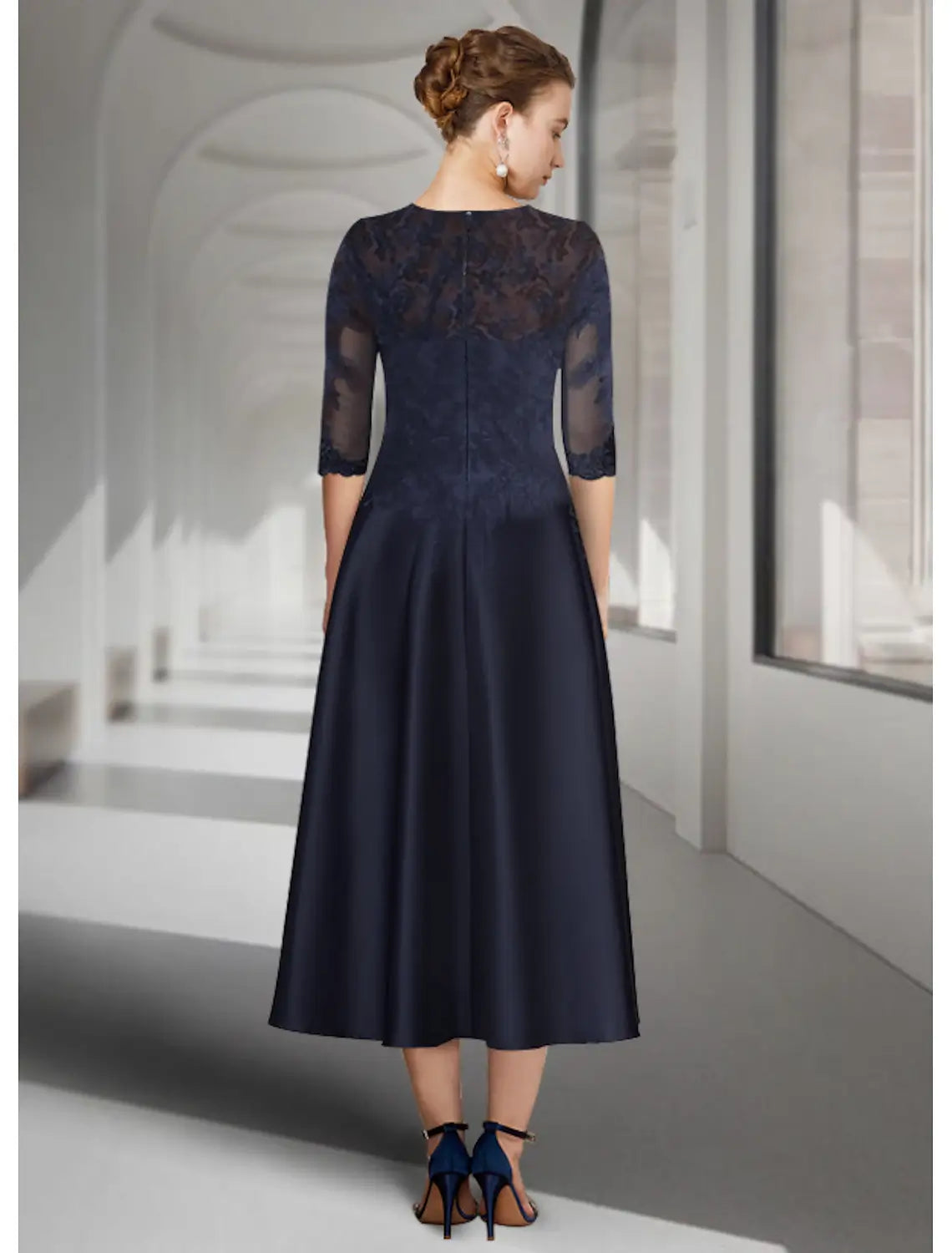 A-Line Mother of the Bride Dress Wedding Guest Elegant Jewel Neck Tea Length Satin Lace 3/4 Length Sleeve with Pleats Appliques