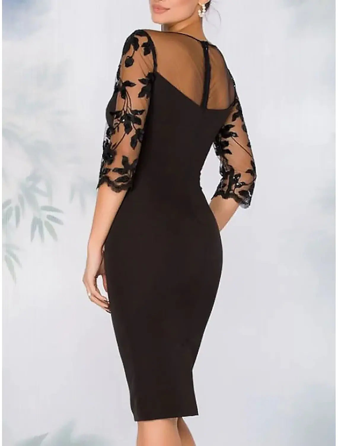 Sheath Cocktail Dresses Elegant Dress Wedding Guest Kentucky Derby Knee Length Long Sleeve Illusion Neck Lace with Beading Embroidery