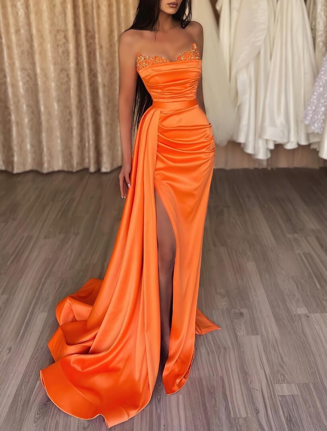 Mermaid Sequin Evening Gown Sexy Dress Wedding Guest Cocktail Party Court Train Sleeveless Strapless Bridesmaid Dress Satin with Beading Pure Color Masquerade Dress
