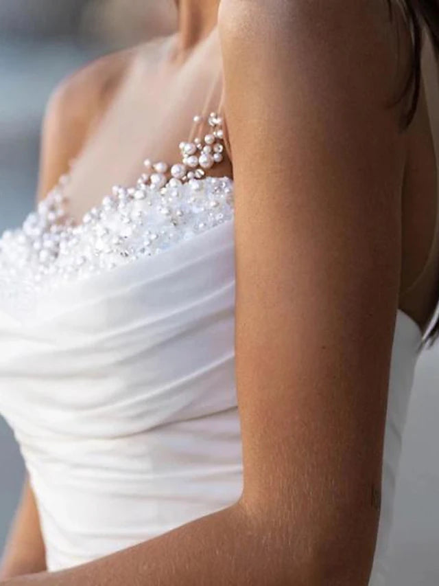 Beach Wedding Dresses A-Line Boat Neck Sleeveless Sweep / Brush Train Tulle Bridal Gowns With Solid Color