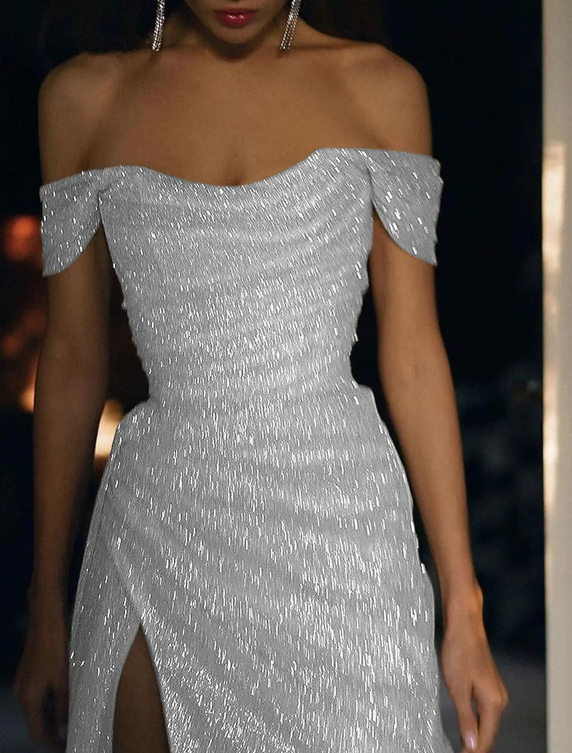 Beach Wedding Mermaid Evening Gown Sequin Dress Wedding Guest Prom Sweep / Brush Train Short Sleeve Off Shoulder Fall Wedding Reception Satin with Slit Masquerade Dress