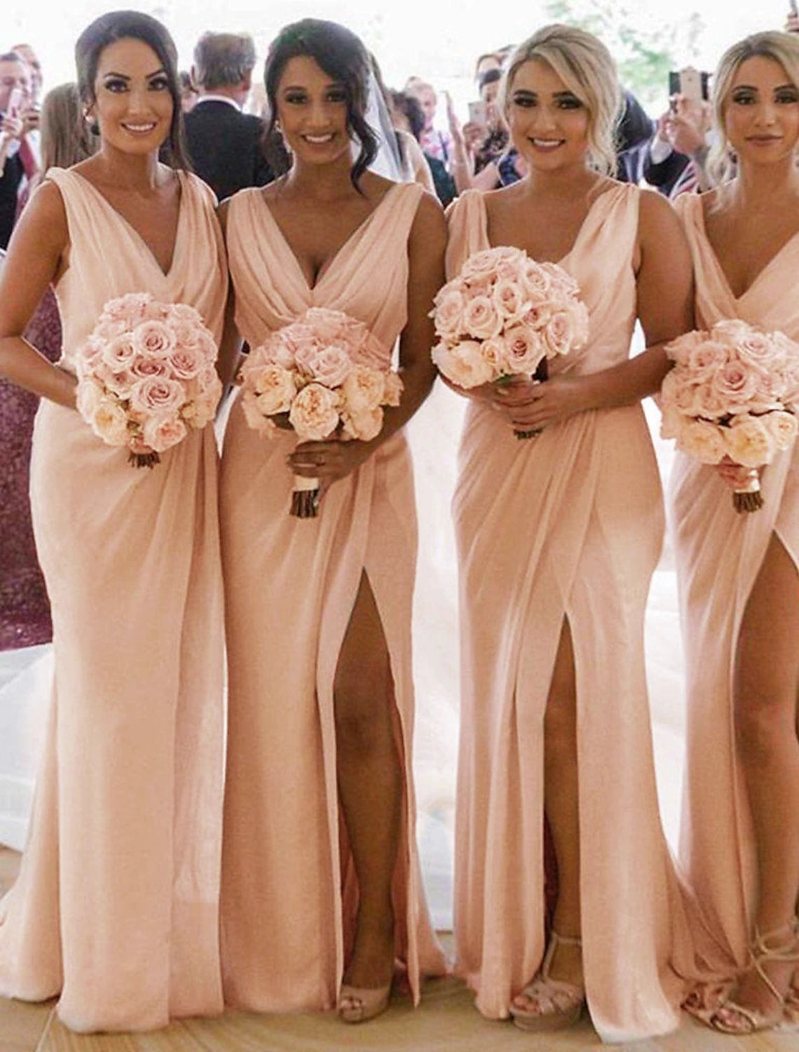Beach Wedding Mermaid Bridesmaid Dress V Neck Sleeveless Elegant Sweep / Brush Train Chiffon with Pleats / Split Front / Ruching