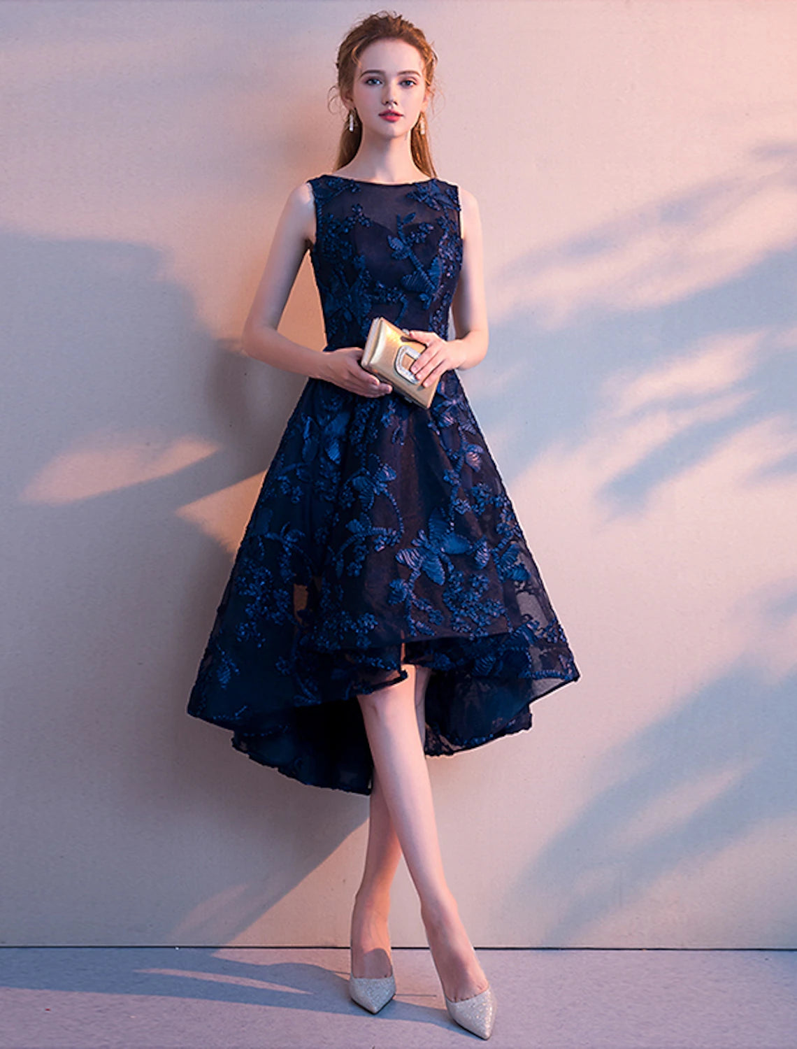 A-Line Cocktail Dresses Elegant Dress Wedding Guest Homecoming Asymmetrical Sleeveless Jewel Neck Tulle with Pleats Pattern / Print dress