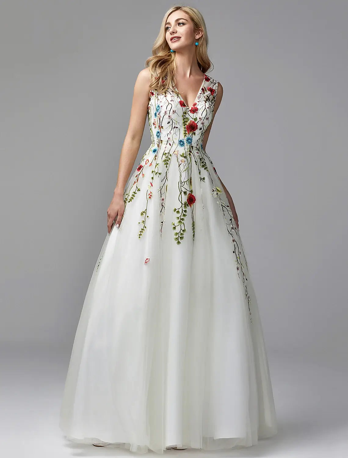 Beach Wedding A-Line Special Occasion Dresses Floral Dress Valentine's Day Wedding Guest Floor Length Sleeveless V Neck Lace with Embroidery Appliques dress