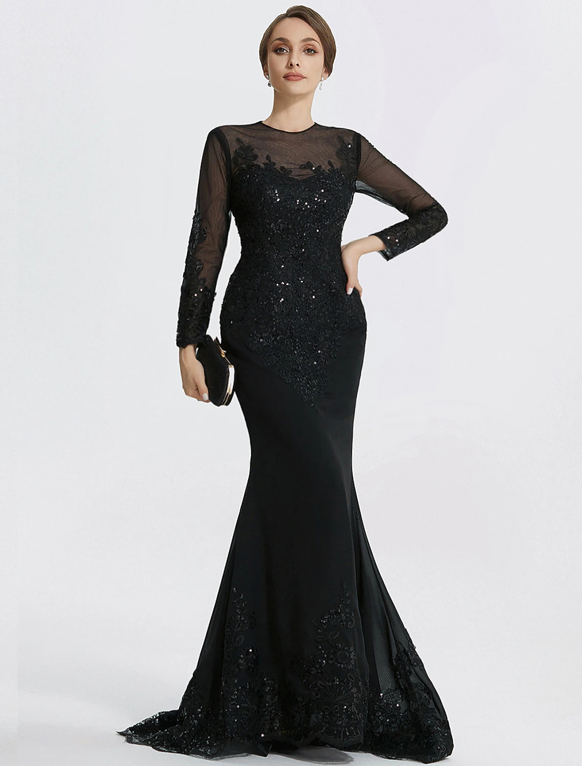 Mermaid / Trumpet Sheath / Column Evening Gown Elegant Dress Formal Floor Length Long Sleeve Jewel Neck Lace with Appliques dress to impress