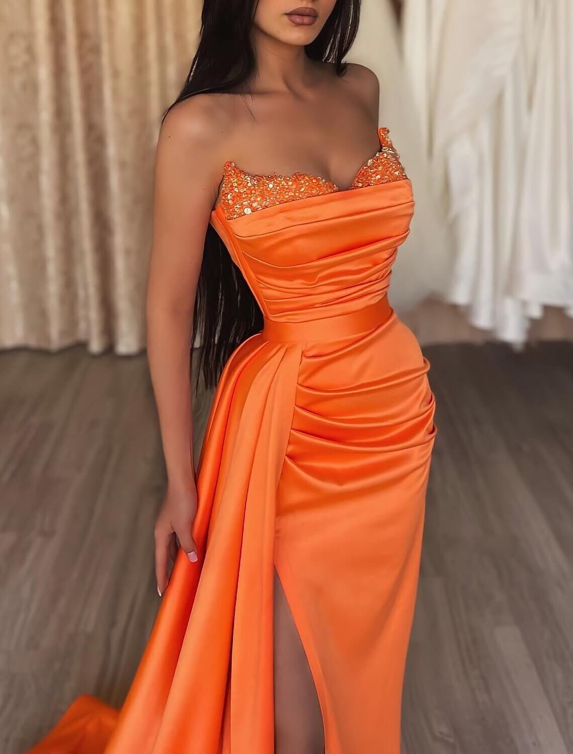 Mermaid Sequin Evening Gown Sexy Dress Wedding Guest Cocktail Party Court Train Sleeveless Strapless Bridesmaid Dress Satin with Beading Pure Color Masquerade Dress