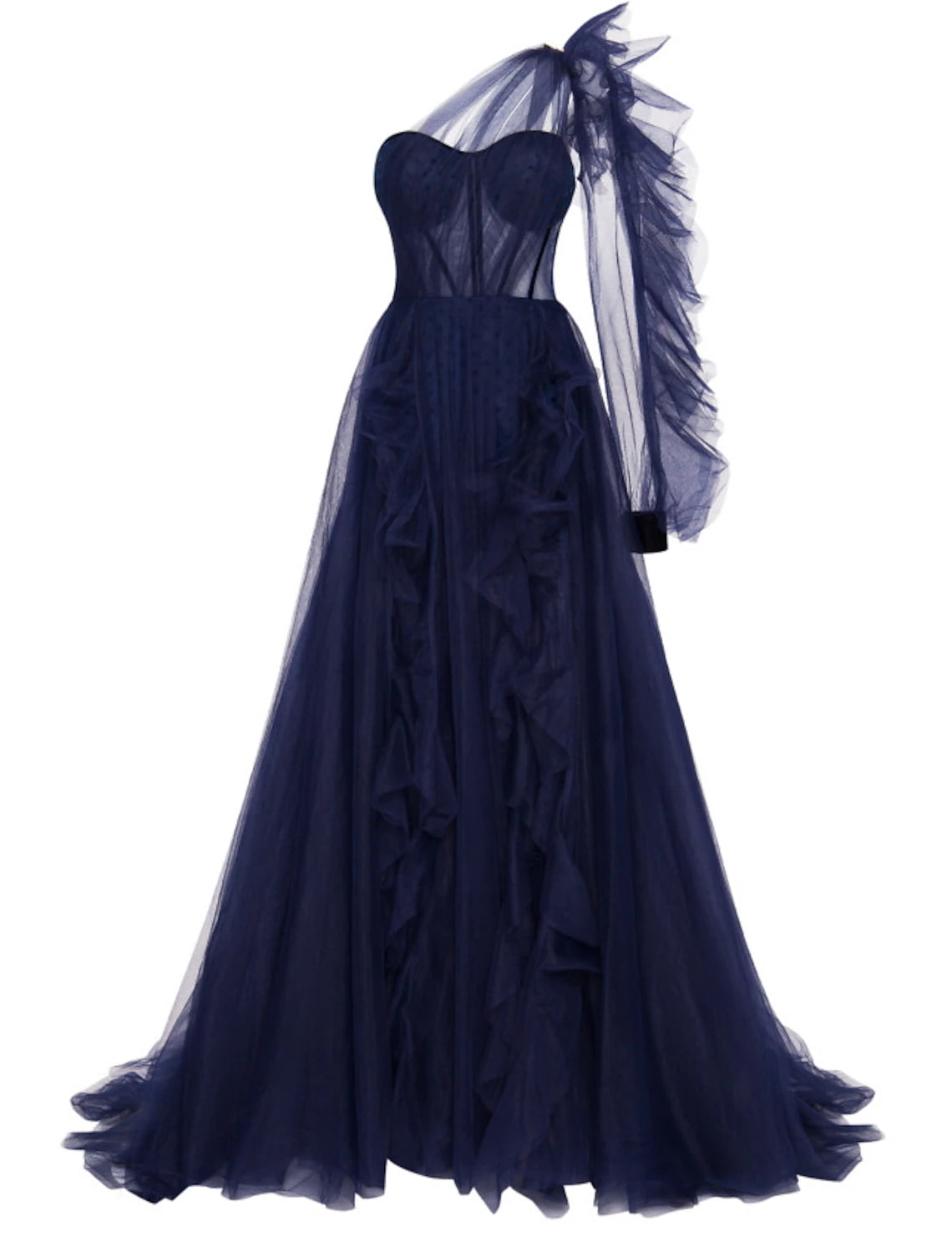 A-Line Evening Gown Corsets Dress Wedding Guest Engagement Court Train Long Sleeve One Shoulder Wednesday Addams Family Tulle with Ruffles Slit Masquerade Dress