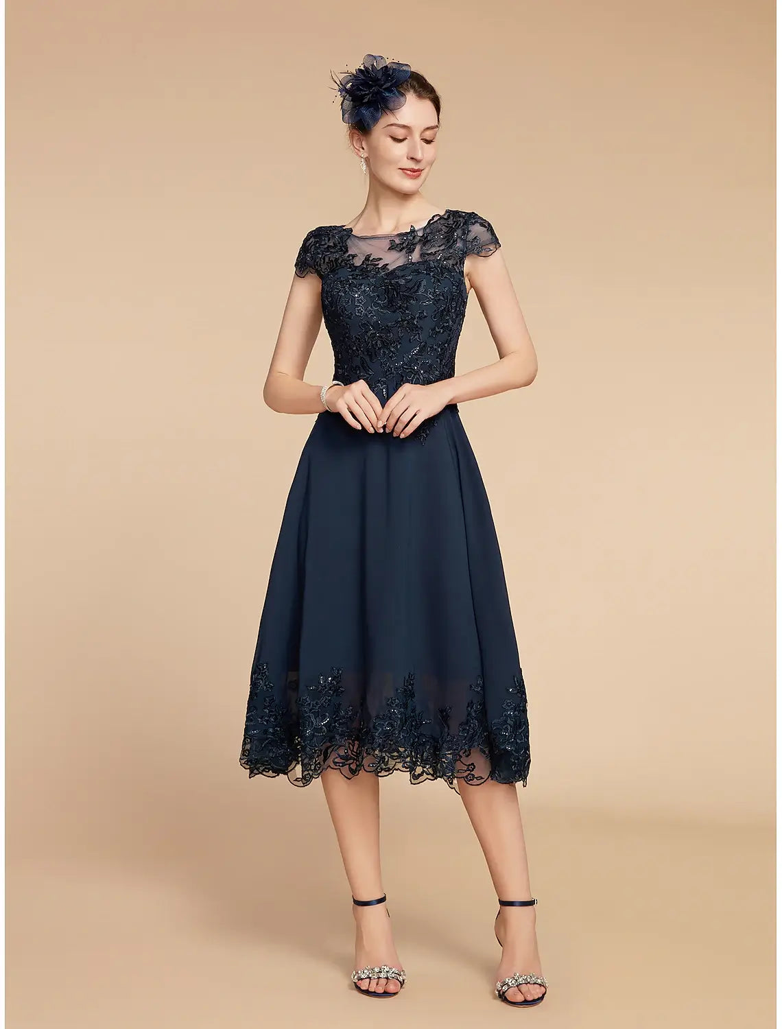 A-Line Mother of the Bride Dress Formal Wedding Guest Elegant Vintage Scoop Neck Tea Length Lace 3/4 Length Sleeve with Sequin Appliques