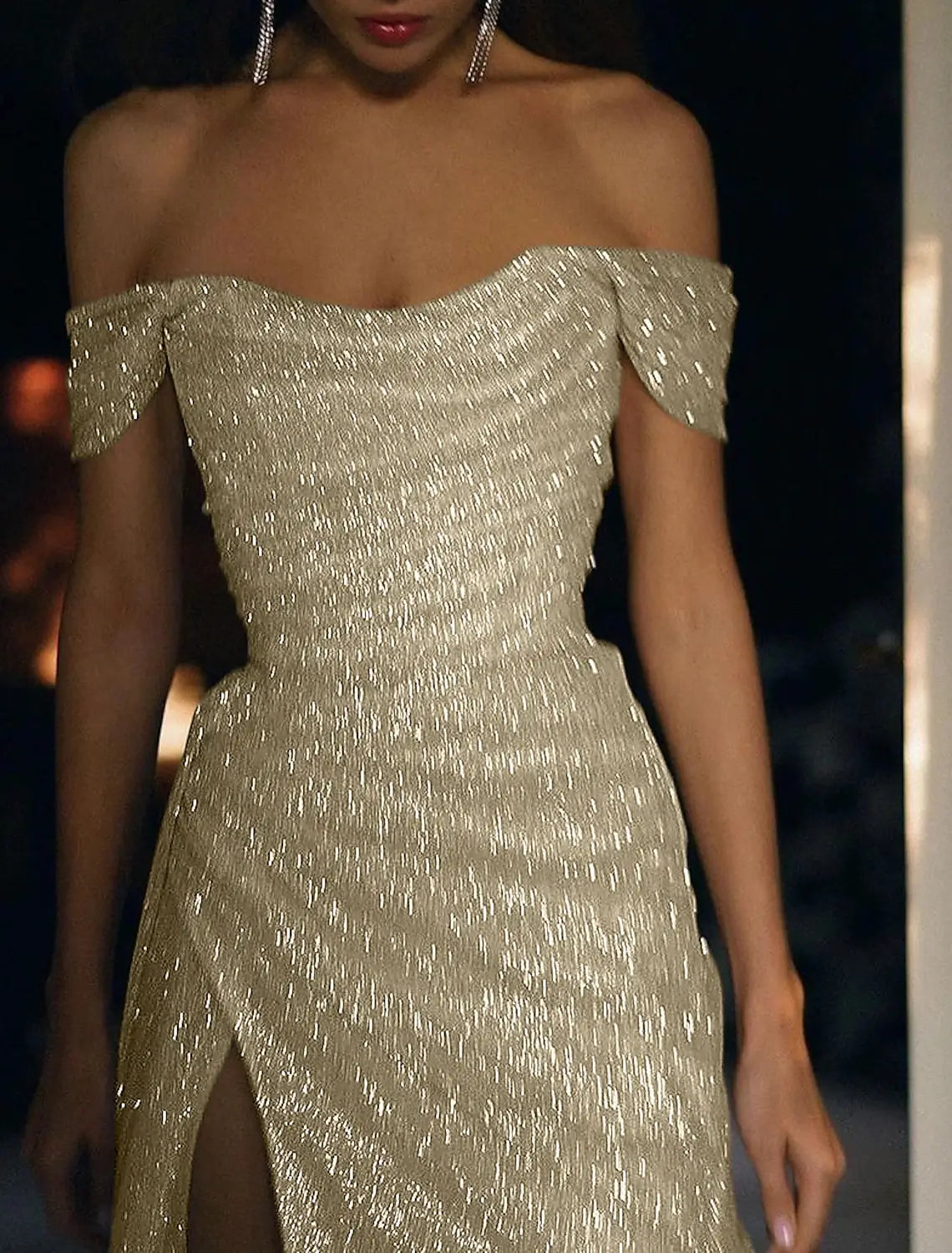 Beach Wedding Mermaid Evening Gown Sequin Dress Wedding Guest Prom Sweep / Brush Train Short Sleeve Off Shoulder Fall Wedding Reception Satin with Slit Masquerade Dress