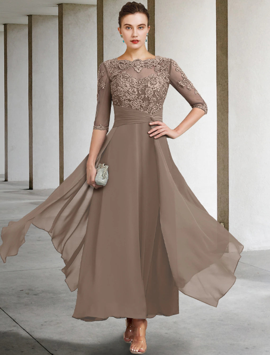 A-Line Chrismas Dress Mother of the Bride Dress Wedding Guest Elegant Plus Size Jewel Neck Ankle Length Chiffon Lace Half Sleeve with Ruched Beading Appliques dress