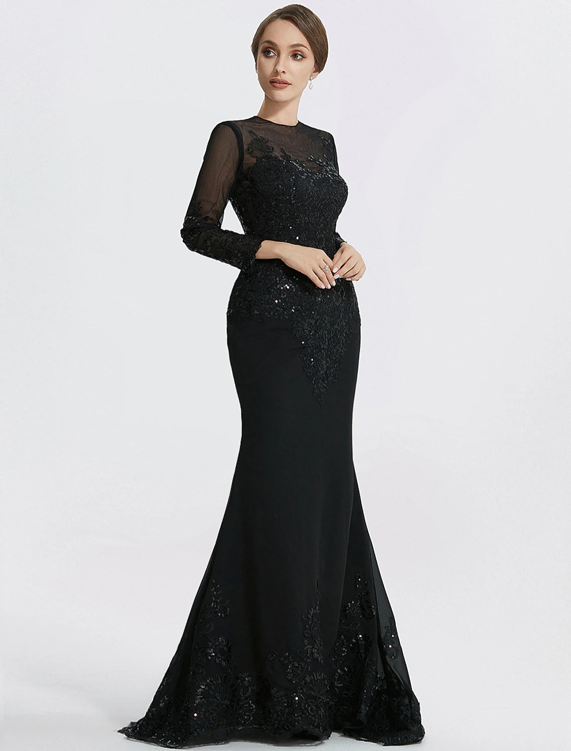 Mermaid / Trumpet Sheath / Column Evening Gown Elegant Dress Formal Floor Length Long Sleeve Jewel Neck Lace with Appliques dress to impress