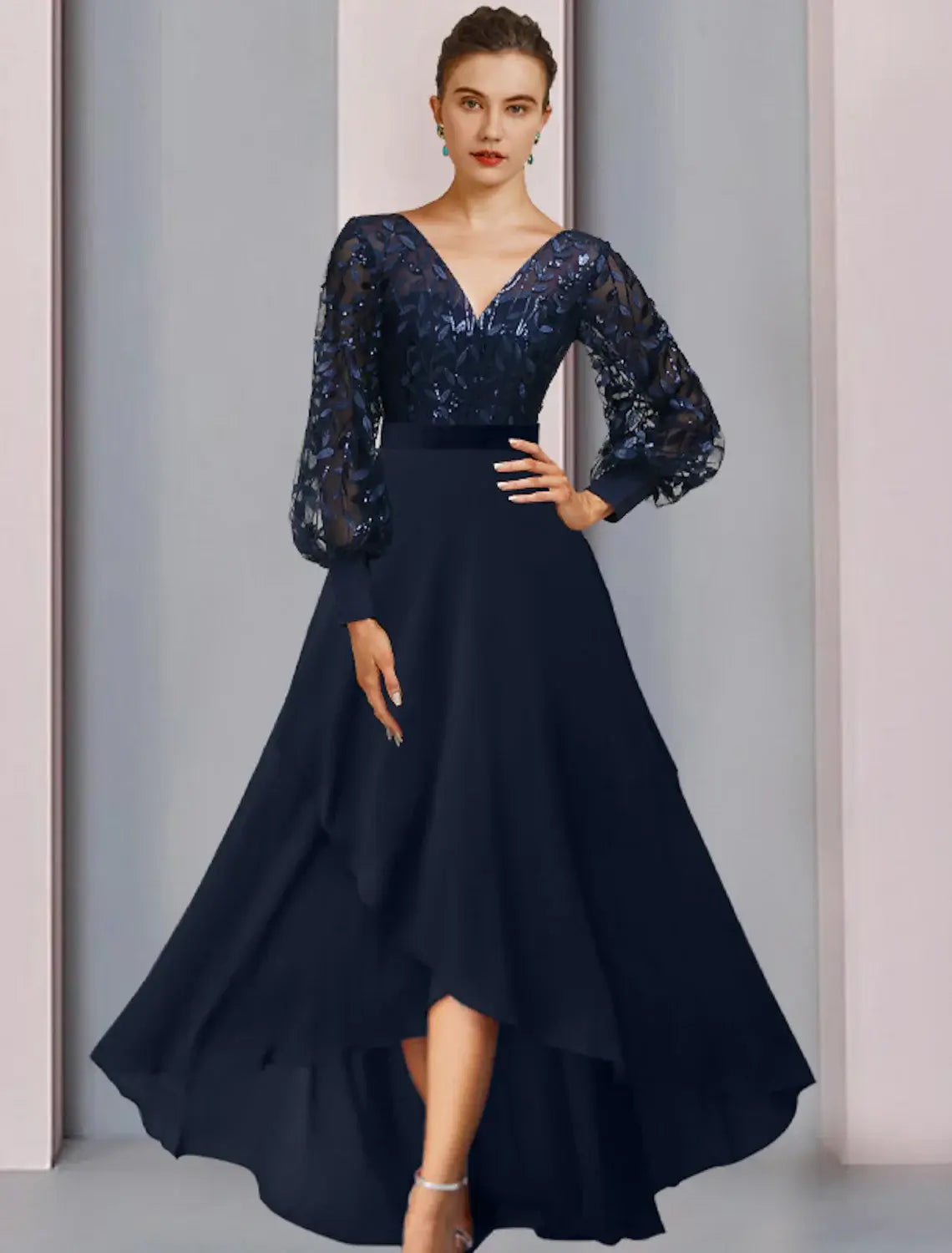 A-Line Mother of the Bride Dress Wedding Guest Sparkle & Shine High Low Jewel Neck Asymmetrical Tea Length Chiffon Lace Sequined Long Sleeve with Sequin Appliques