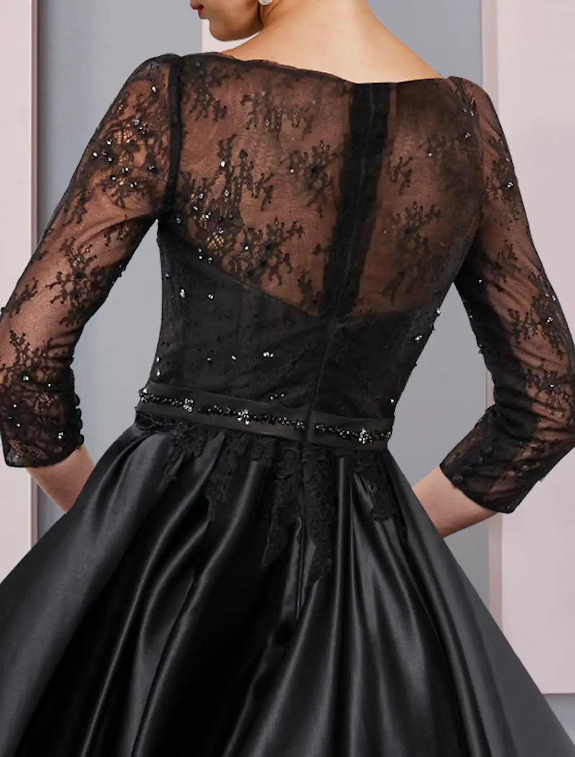 A-Line Mother of the Bride Dress Formal Wedding Guest Elegant Party Scoop Neck Tea Length Satin Lace 3/4 Length Sleeve with Sash / Ribbon Pleats