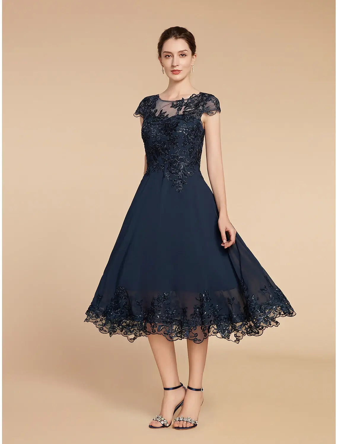 A-Line Mother of the Bride Dress Formal Wedding Guest Elegant Vintage Scoop Neck Tea Length Lace 3/4 Length Sleeve with Sequin Appliques