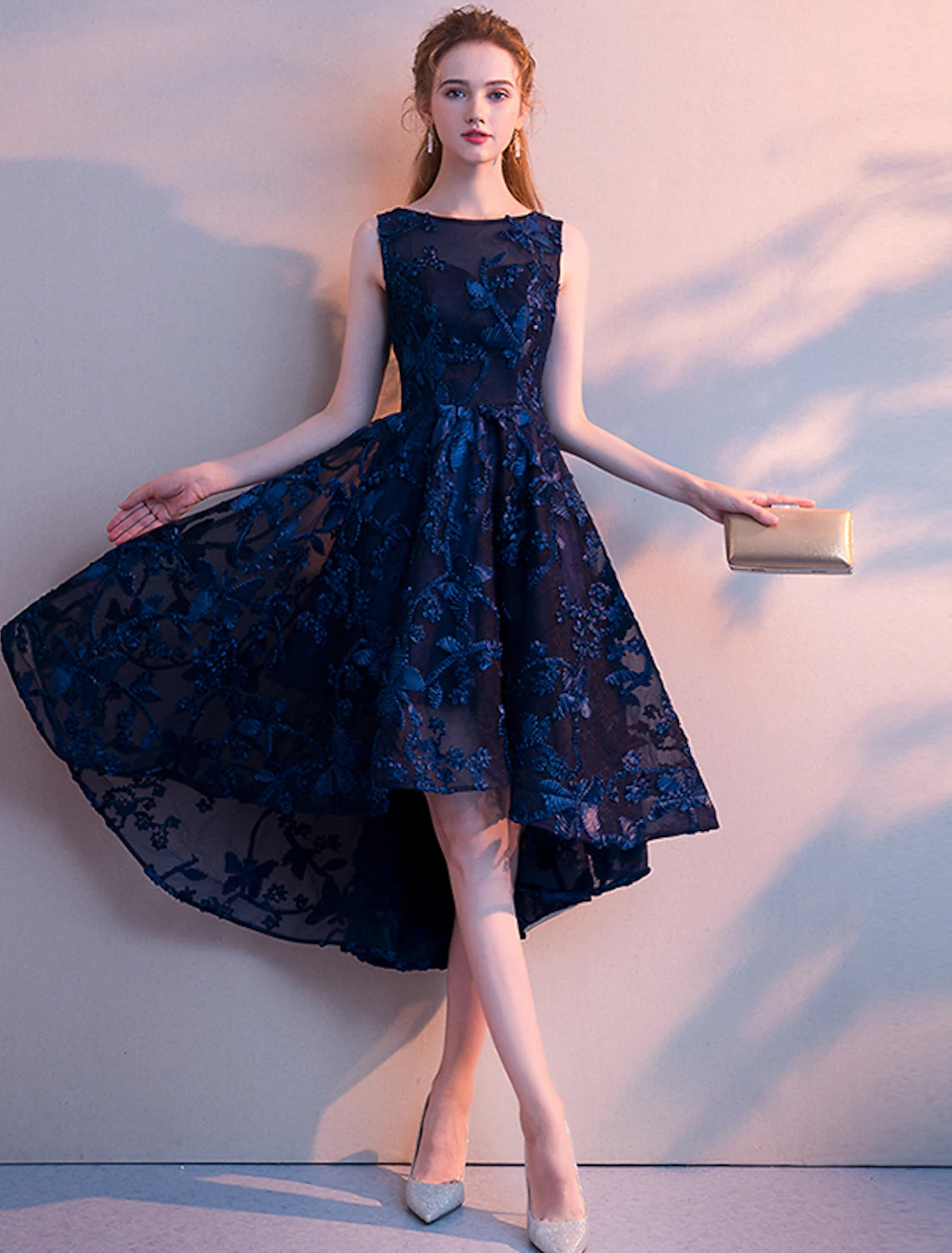 A-Line Cocktail Dresses Elegant Dress Wedding Guest Homecoming Asymmetrical Sleeveless Jewel Neck Tulle with Pleats Pattern / Print dress