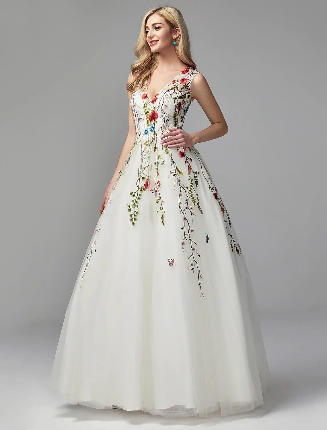 Beach Wedding A-Line Special Occasion Dresses Floral Dress Valentine's Day Wedding Guest Floor Length Sleeveless V Neck Lace with Embroidery Appliques dress