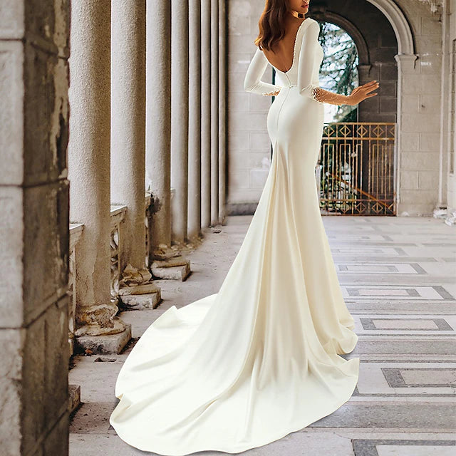 Formal Wedding Dresses Mermaid V Neck Long Sleeve Court Train Satin Bridal Gowns With Crystals Beading
