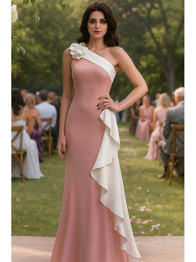 Mermaid Trumpet Floor Length Prom Dresses Evening Gown Ball Gown Elegant Sleeveless One Shoulder Wedding Formal Chiffon Stretch Crepe with Ruffles