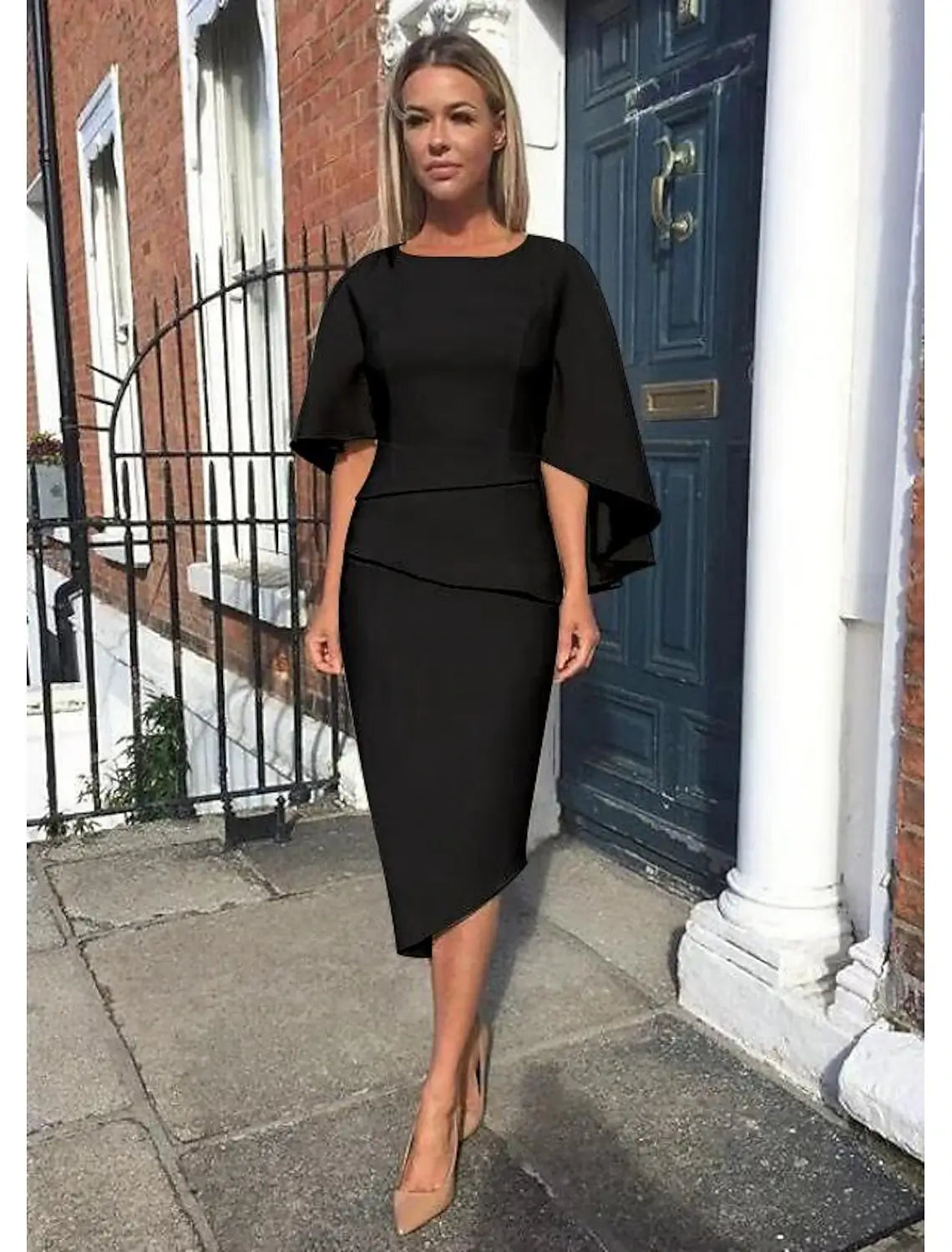 Sheath / Column Mother of the Bride Dress Wedding Guest Elegant Simple Plus Size Jewel Neck Asymmetrical Knee Length Charmeuse Half Sleeve with Tier