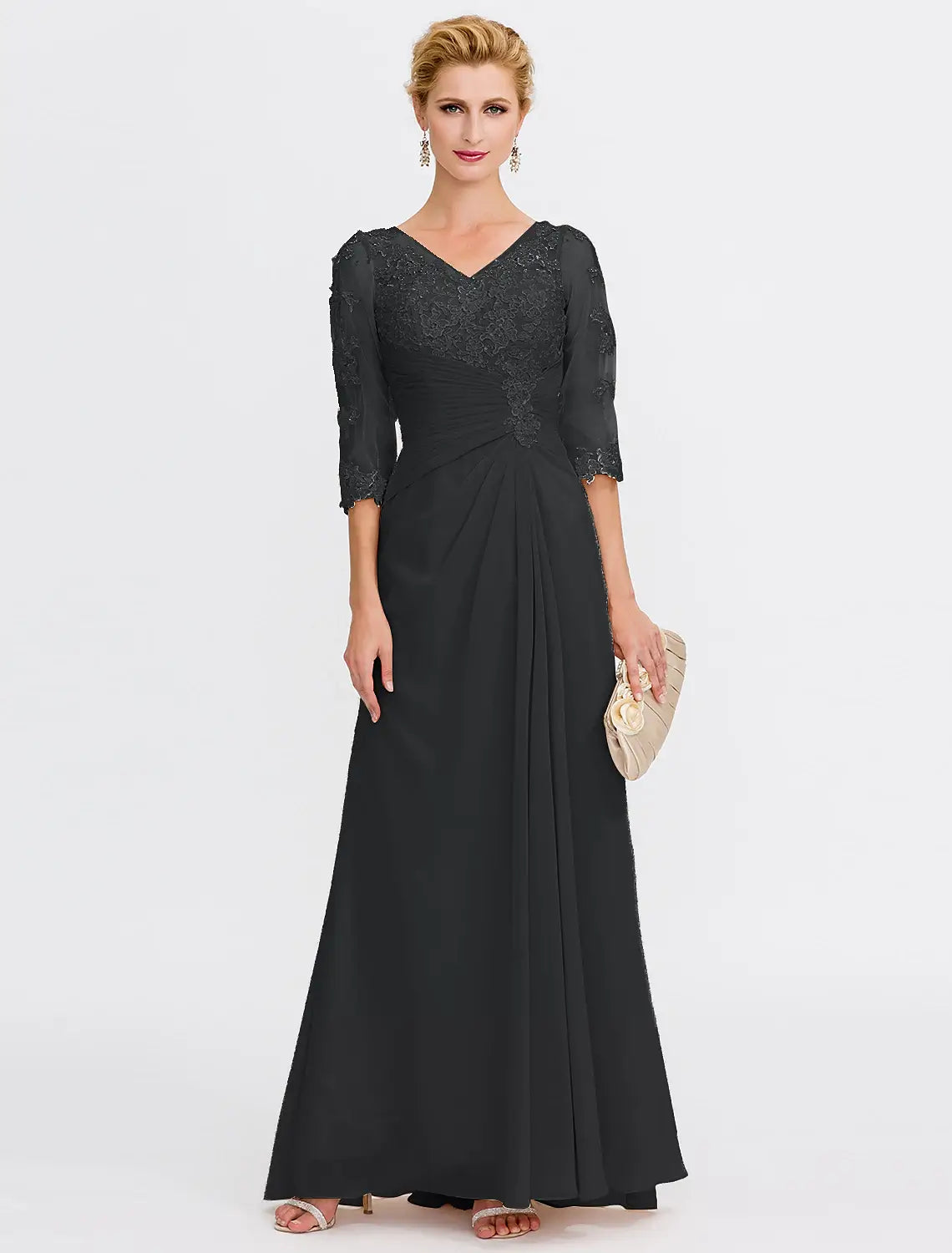 A-Line Mother of the Bride Dress Wedding Guest Elegant Plus Size See Through V Neck Floor Length Chiffon Half Sleeve with Appliques Side Draping