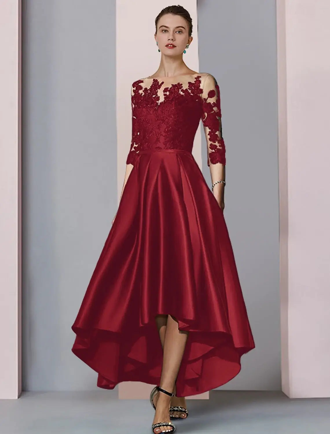 A-Line Lace Dress Mother of the Bride Dress Wedding Guest Elegant High Low Scoop Neck Asymmetrical Tea Length Satin Lace 3/4 Length Sleeve with Pleats Appliques