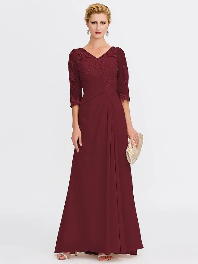 A-Line Mother of the Bride Dress Wedding Guest Elegant Plus Size See Through V Neck Floor Length Chiffon Half Sleeve with Appliques Side Draping