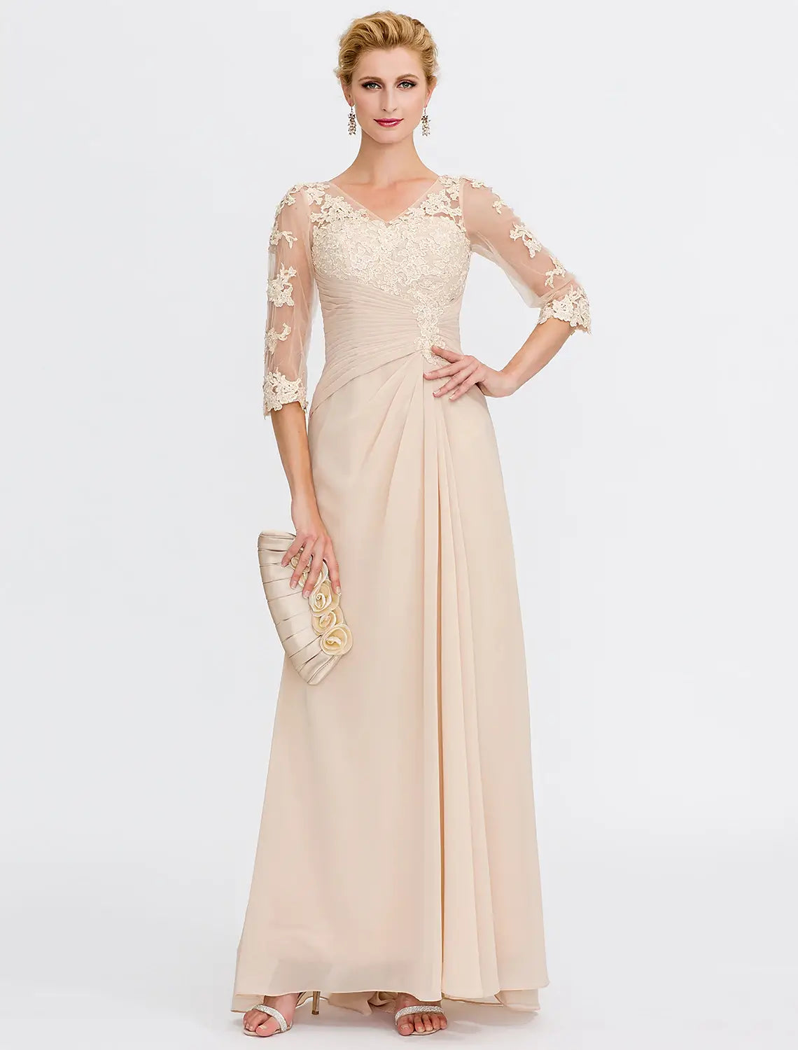 A-Line Mother of the Bride Dress Wedding Guest Elegant Plus Size See Through V Neck Floor Length Chiffon Half Sleeve with Appliques Side Draping