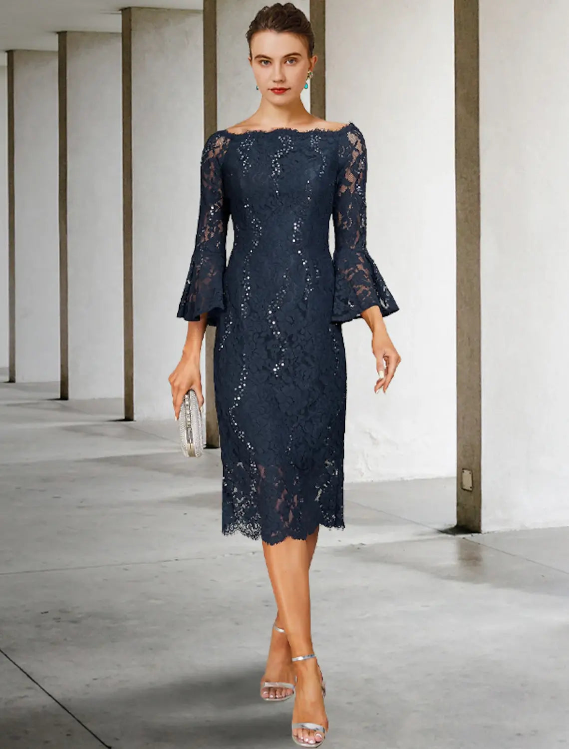 Sheath / Column Mother of the Bride Dress Wedding Guest Elegant Vintage Jewel Neck Tea Length Lace 3/4 Length Sleeve with Sequin