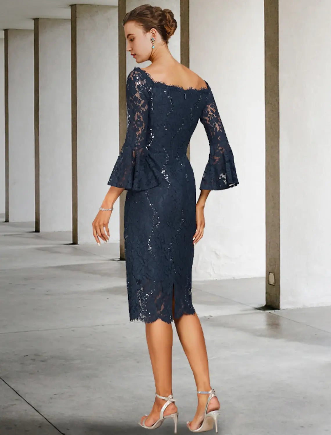 Sheath / Column Mother of the Bride Dress Wedding Guest Elegant Vintage Jewel Neck Tea Length Lace 3/4 Length Sleeve with Sequin