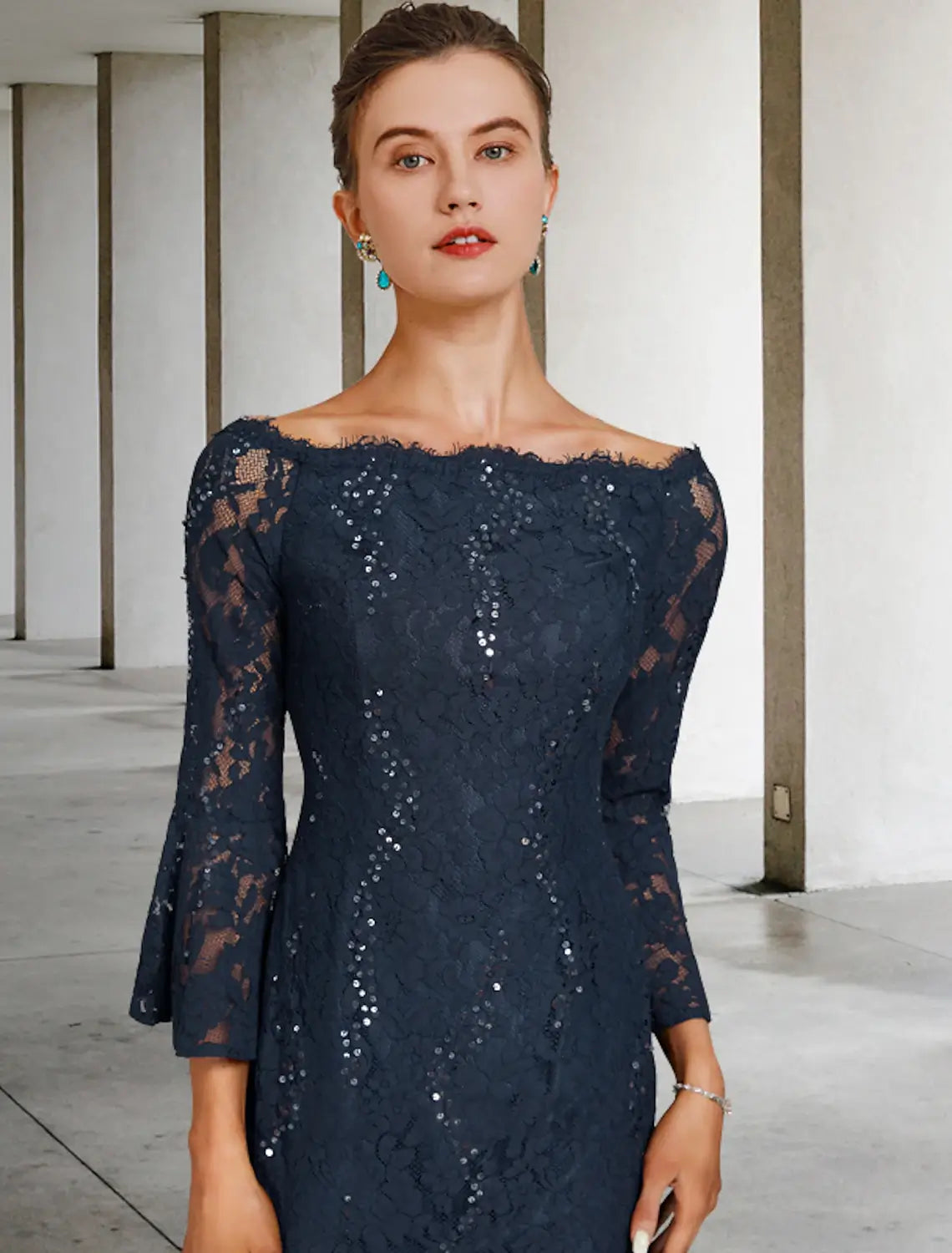 Sheath / Column Mother of the Bride Dress Wedding Guest Elegant Vintage Jewel Neck Tea Length Lace 3/4 Length Sleeve with Sequin