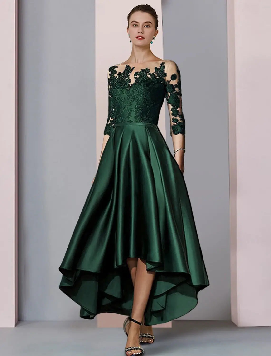 A-Line Lace Dress Mother of the Bride Dress Wedding Guest Elegant High Low Scoop Neck Asymmetrical Tea Length Satin Lace 3/4 Length Sleeve with Pleats Appliques