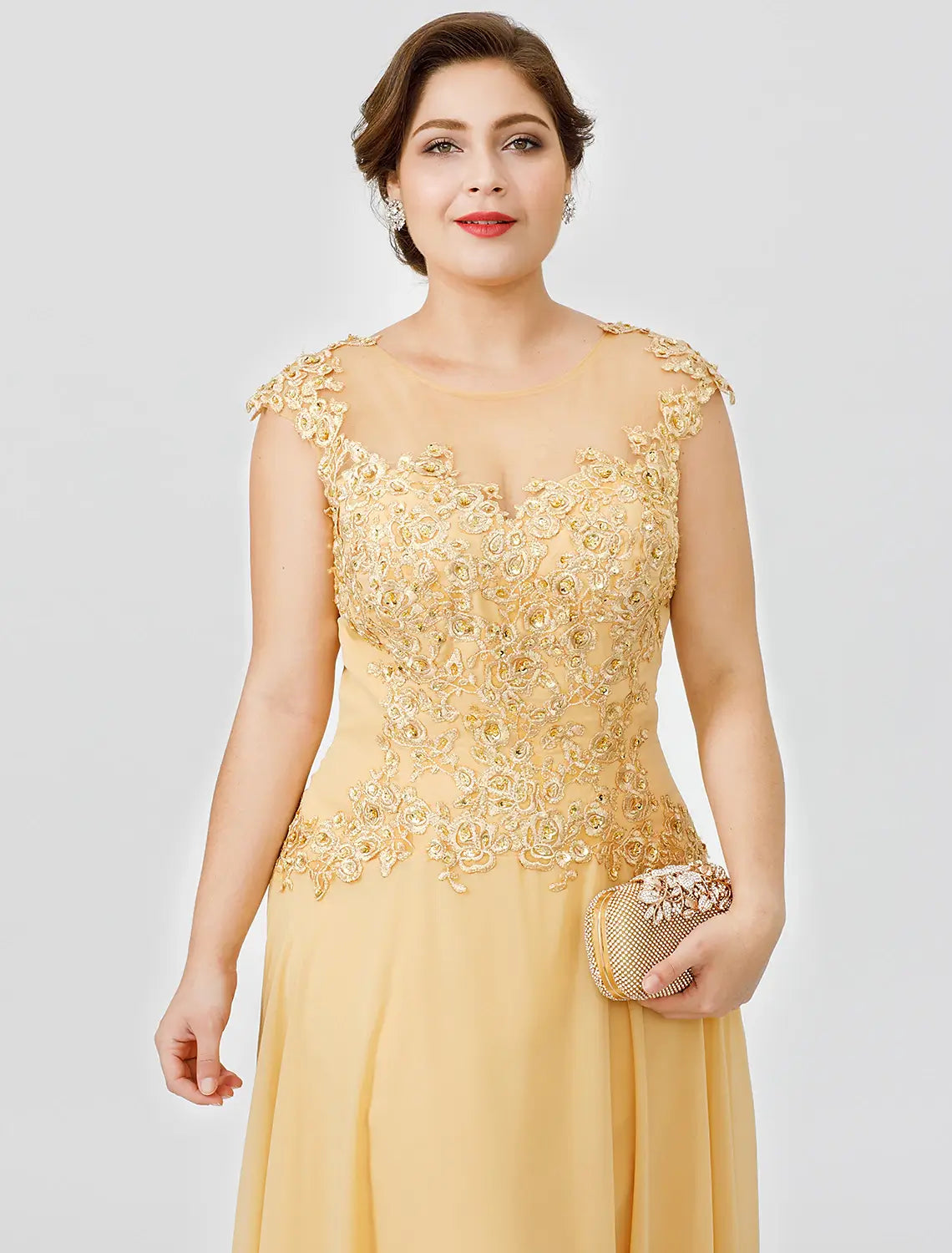 A-Line Mother of the Bride Dress Wedding Guest Elegant Plus Size Illusion Neck Sweep / Brush Train Chiffon Beaded Lace Short Sleeve No with Bow(s) Pleats