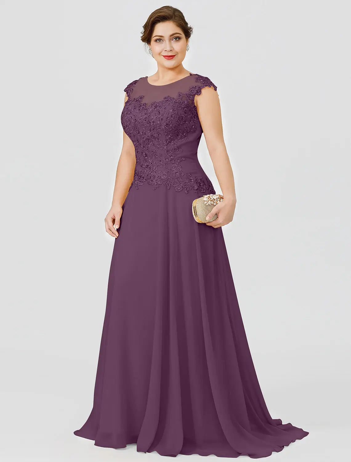 A-Line Mother of the Bride Dress Wedding Guest Elegant Plus Size Illusion Neck Sweep / Brush Train Chiffon Beaded Lace Short Sleeve No with Bow(s) Pleats