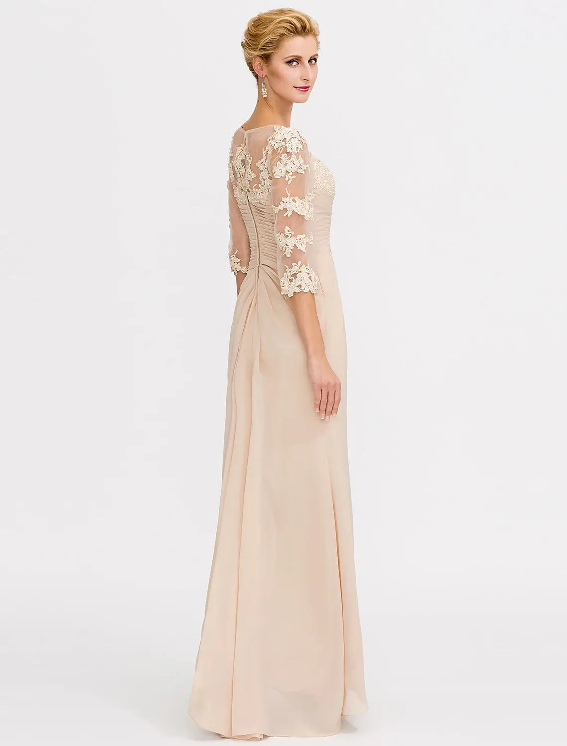 A-Line Mother of the Bride Dress Wedding Guest Elegant Plus Size See Through V Neck Floor Length Chiffon Half Sleeve with Appliques Side Draping