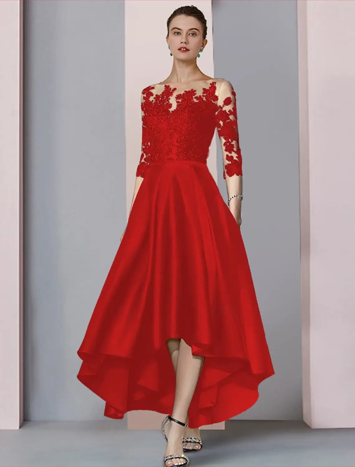 A-Line Lace Dress Mother of the Bride Dress Wedding Guest Elegant High Low Scoop Neck Asymmetrical Tea Length Satin Lace 3/4 Length Sleeve with Pleats Appliques