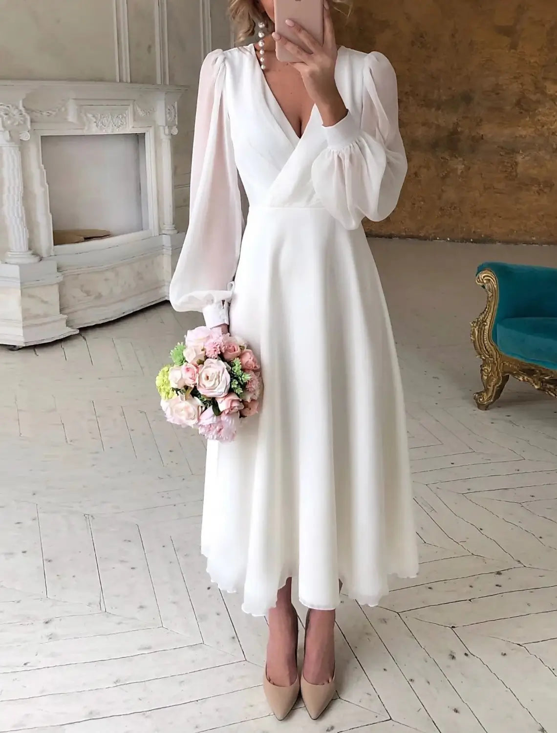 White Ankle-Length Chiffon A-Line Dress with V-Neck and Bishop Sleeves