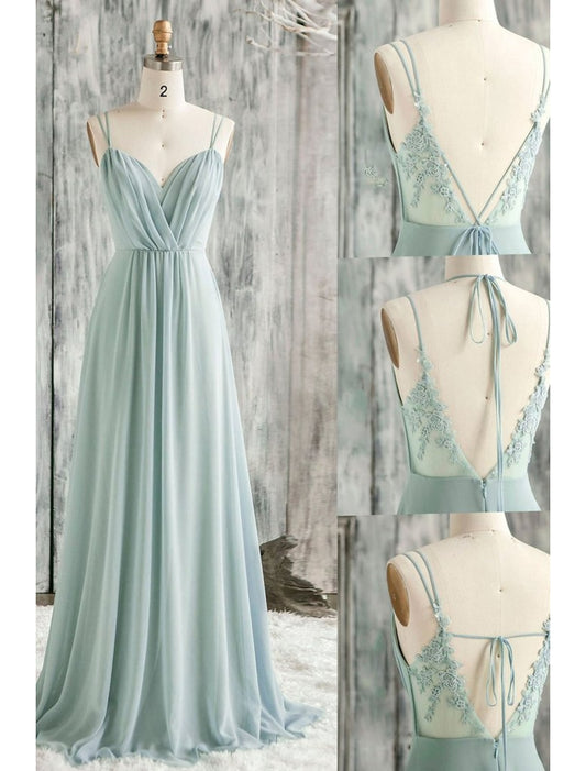 A-Line Bridesmaid Dress Spaghetti Strap / V Neck Sleeveless Open Back Floor Length Chiffon / Lace with Appliques dress