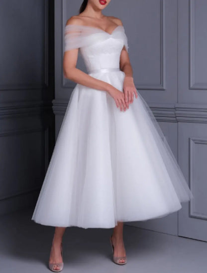 Reception Little White Dress Bridal Shower Dresses Wedding Dresses Ball Gown Off Shoulder Cap Sleeve Tea Length Lace Bridal Gowns With Pleats Appliques