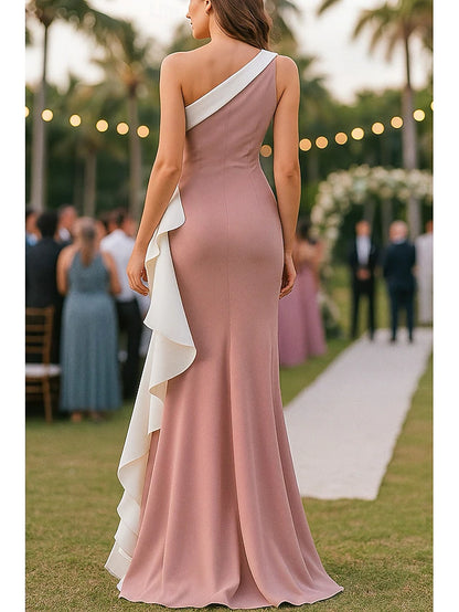 Mermaid Trumpet Floor Length Prom Dresses Evening Gown Ball Gown Elegant Sleeveless One Shoulder Wedding Formal Chiffon Stretch Crepe with Ruffles