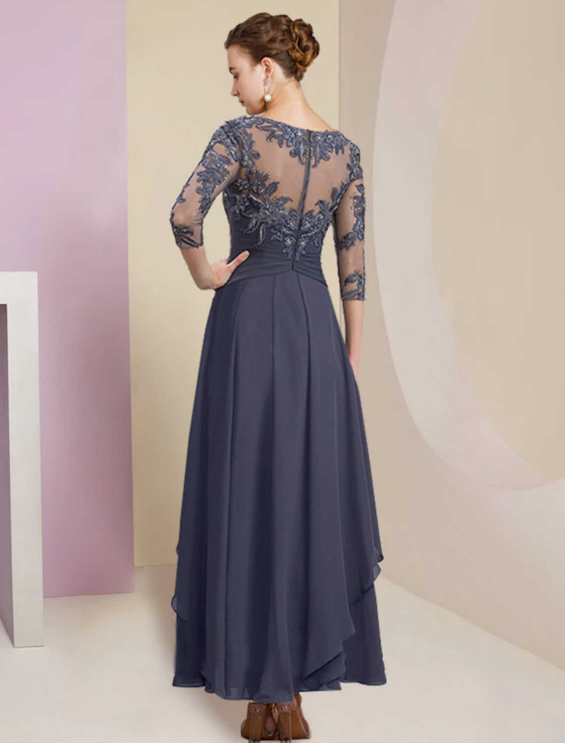 Sheath / Column Mother of the Bride Dress Wedding Guest Elegant Simple Jewel Neck Ankle Length Chiffon Lace 3/4 Length Sleeve with Pleats Sequin