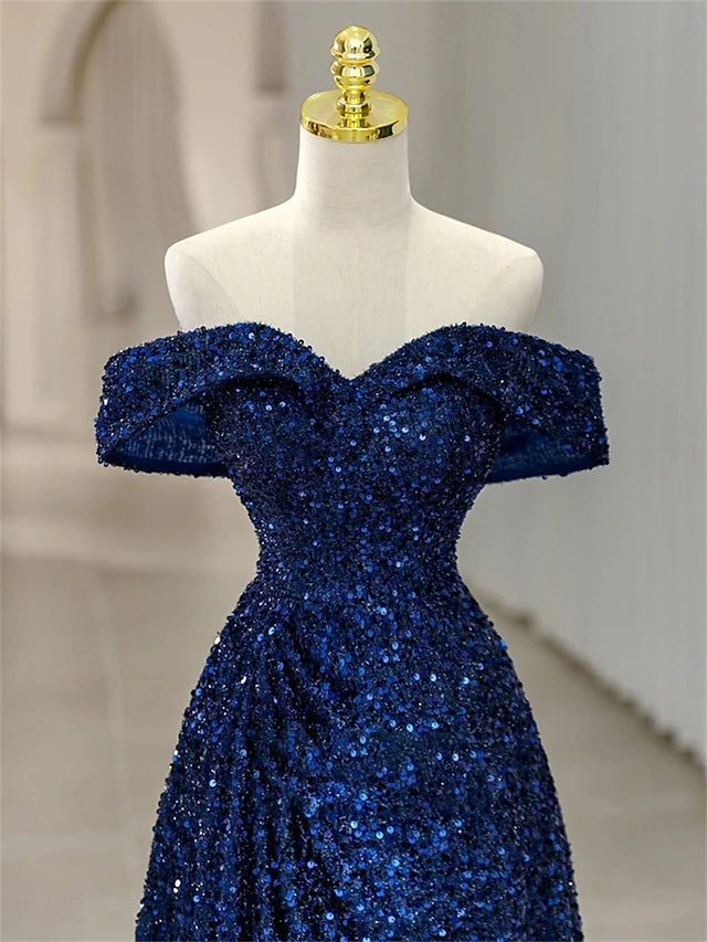 A-Line Mermaid Trumpet Floor Length Prom Dresses Elegant Sleeveless Off Shoulder Prom Evening Party Sequined Backless with Pleats Sequin