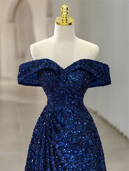 A-Line Mermaid Trumpet Floor Length Prom Dresses Elegant Sleeveless Off Shoulder Prom Evening Party Sequined Backless with Pleats Sequin