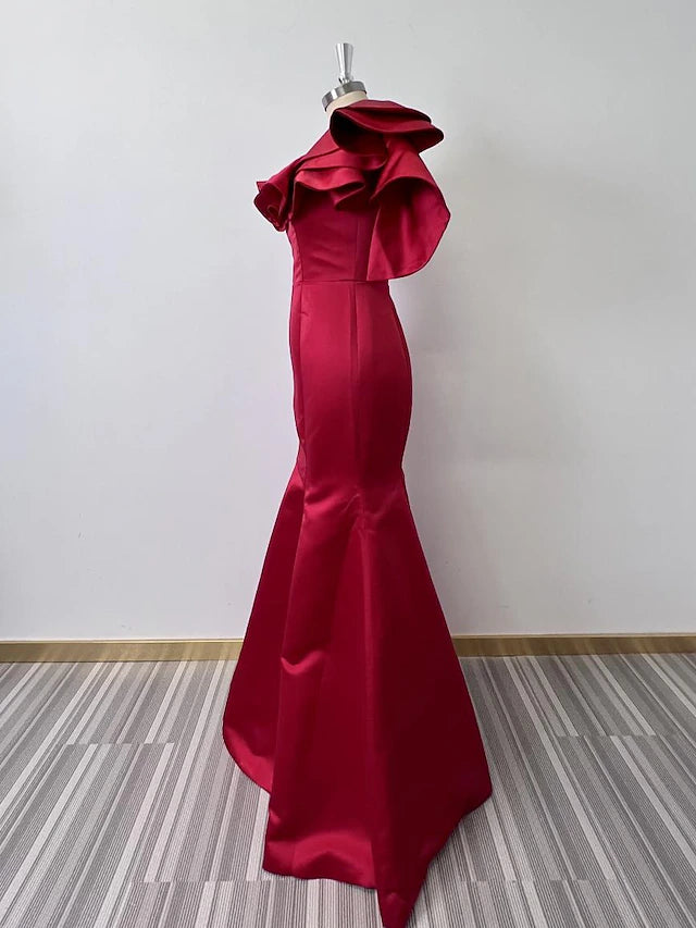 Mermaid Evening Gown Corsets Dress Formal Wedding Guest Floor Length Sleeveless One Shoulder Taffeta with Ruffles Shouder Flower Masquerade Dress