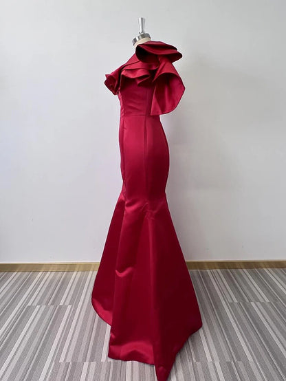 Mermaid Evening Gown Corsets Dress Formal Wedding Guest Floor Length Sleeveless One Shoulder Taffeta with Ruffles Shouder Flower Masquerade Dress