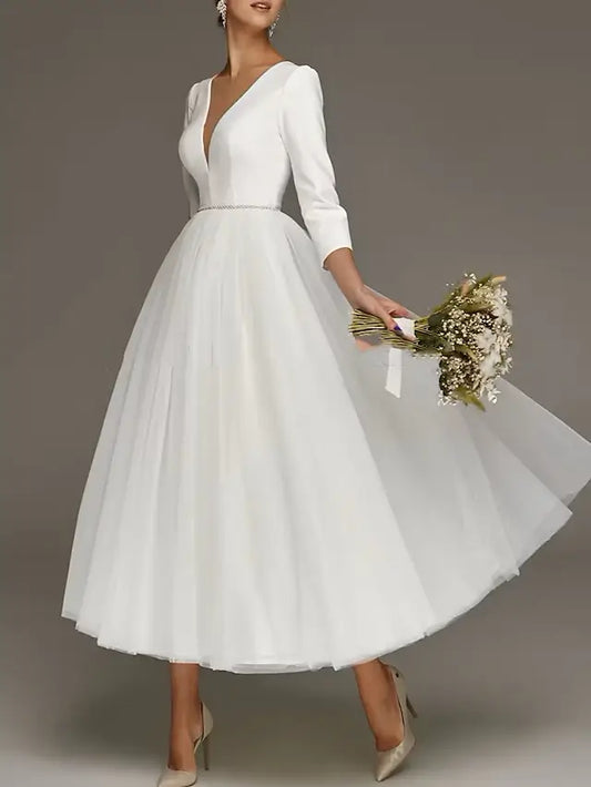 Reception Vintage 1940s / 1950s Little White Dress Bridal Shower Dresses Wedding Dresses A-Line V Neck 3/4 Length Sleeve Tea Length Satin Bridal Gowns With Solid Color