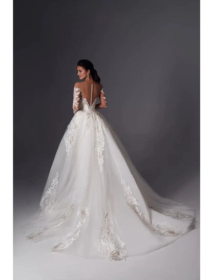 Engagement Formal Wedding Dresses Mermaid Off Shoulder Long Sleeve Court Train Satin Bridal Gowns With Appliques Solid Color
