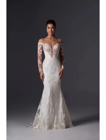 Engagement Formal Wedding Dresses Mermaid Off Shoulder Long Sleeve Court Train Satin Bridal Gowns With Appliques Solid Color