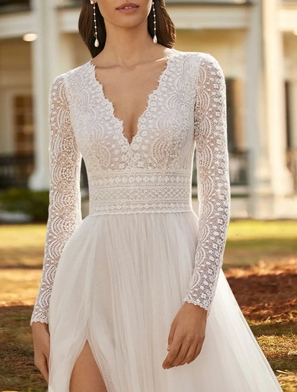 Beach Wedding Beach Boho Wedding Dresses A-Line V Neck Long Sleeve Court Train Lace Bridal Gowns With Split Front